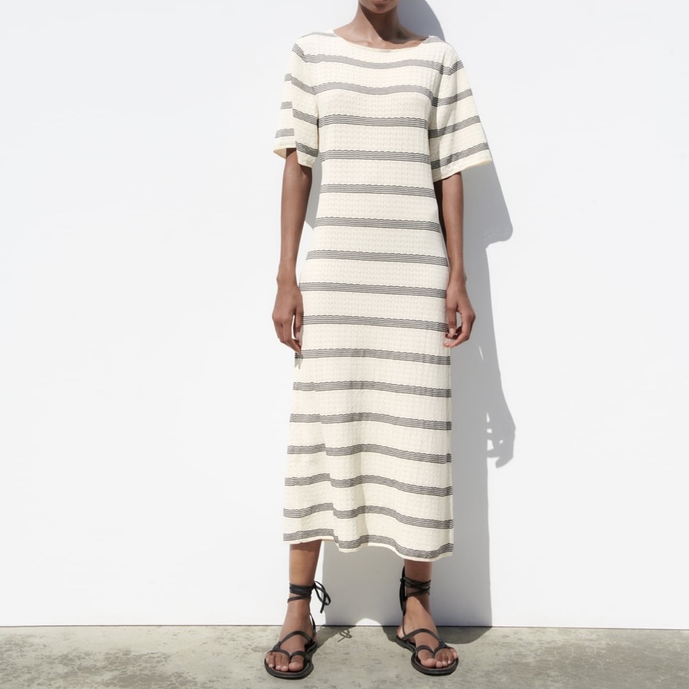 Zara Cream and Gray Striped Midi Dress